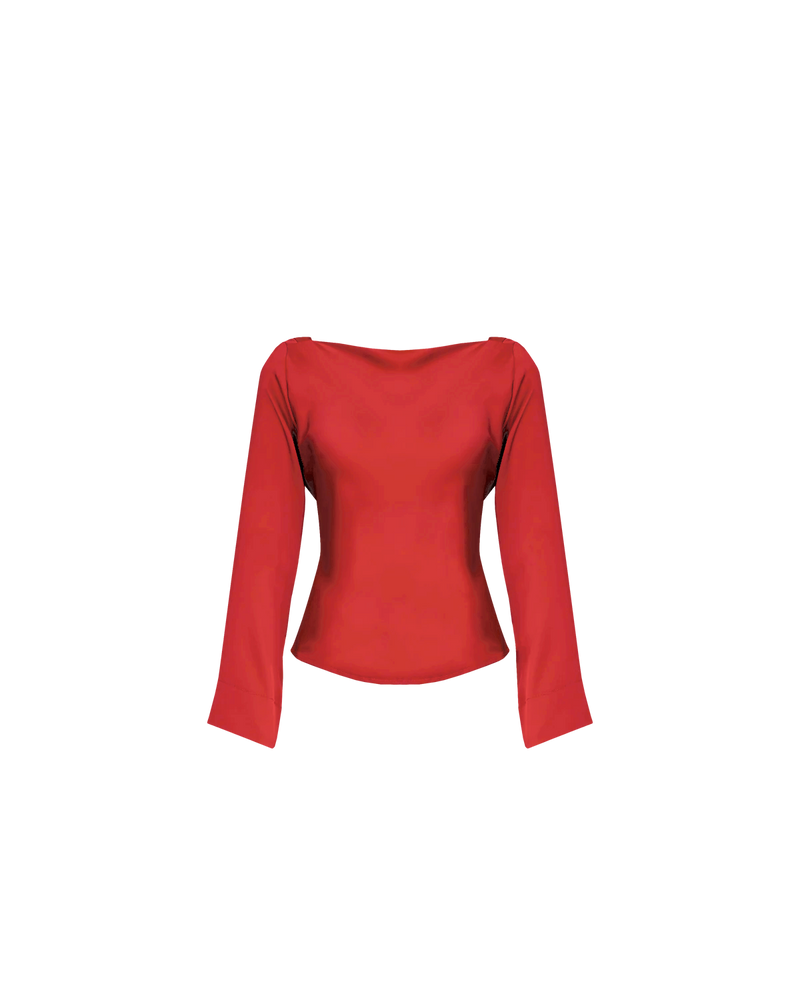 FIREBIRD SATIN COWL TOP CHILLI | Longsleeve blouse with a cowl neck scoop back, crafted in luxe chilli coloured satin. A minimal silhouette with an unexpected detail in the draped back neck and a tie to...