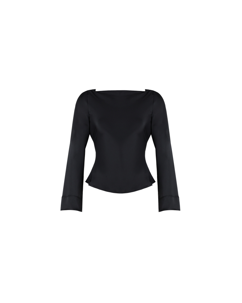 FIREBIRD SATIN COWL TOP BLACK | Longsleeve blouse with a cowl neck scoop back, crafted in lush black satin, an update on the much loved Firebird Cowl Top. A minimal silhouette with an unexpected detail in...