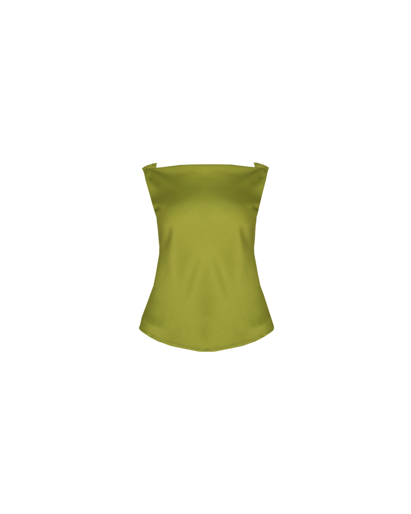 FIREBIRD COWL SLEEVELESS TOP PEA GREEN | Sleeveless top crafted in a luxe pea green satin. Features a minimal silhouette with a cowl back detail and a tie to cinch in the waist. Find out more about...