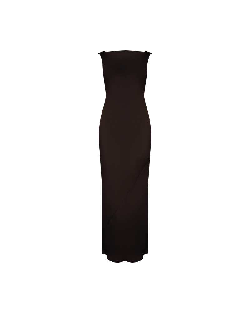 FIREBIRD COWL GOWN ESPRESSO | Sleeveless midi dress crafted in rich espresso satin. Features a minimal silhouette with a cowl back detail and a tie to cinch in the waist.