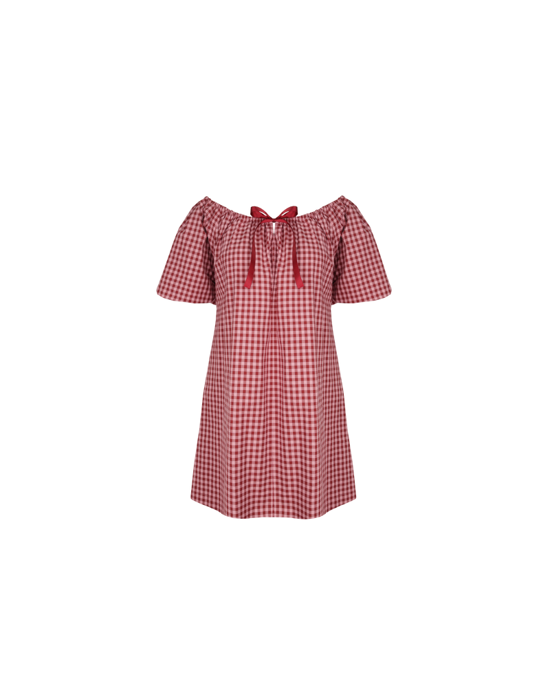 FLORY MINI DRESS PINK BURGUNDY GINGHAM | Cotton mini dress designed with a gathered neckline with a ribbon at the centre front. Made from organic cotton in a burgundy and pink gingham, this dress can be worn...