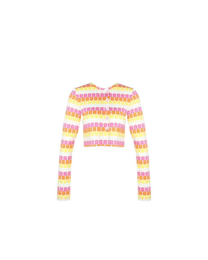 GOLDIE CARDIGAN PINK MULTI | Longsleeve knit cropped cardigan designed in the iconic RUBY Goldie floral in a new pink, yellow and orange colourway. Features matte buttons and pairs perfectly with the Goldie Maxi Dress.