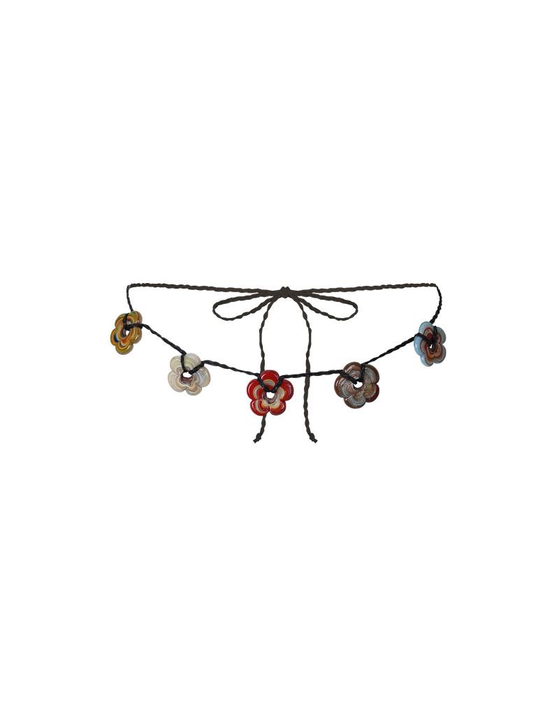 GRACE BELT BLACK MULTI | Floral glass pendant belt with a hemp cord, designed to wear on your waist or your hips. Wear over skirts, dresses or tied through your favourite denim or trouser loops. Each glass Flora...