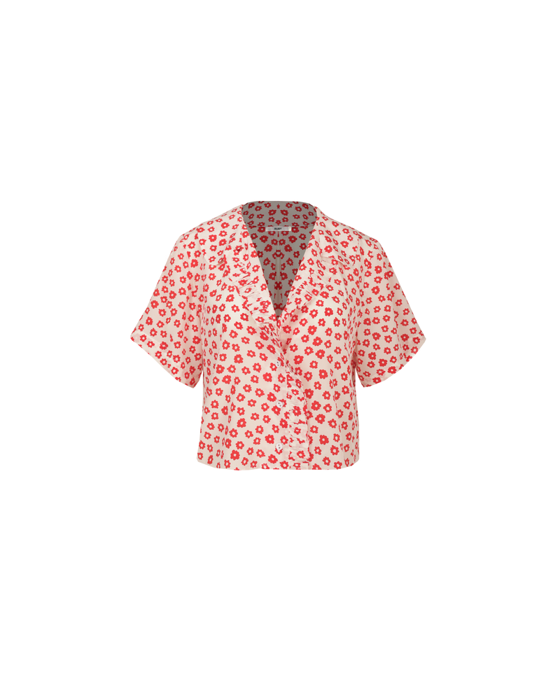 KAARINA SILK SHIRT RED DAISY | Short sleeve silk shirt with ruffles down the placket and a rounded collar. Designed in our RUBY red daisy print, this shirt can be styled as a layering piece or...