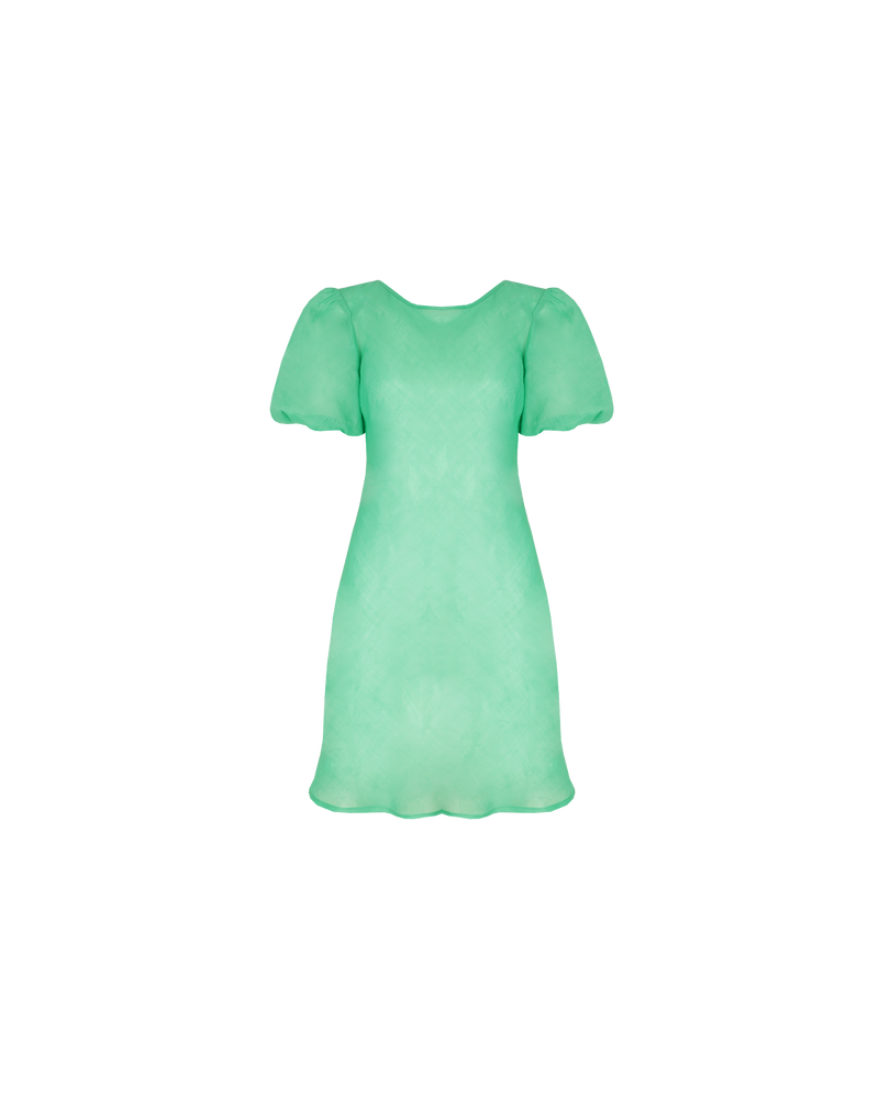 KENDALL RAMIE MINI DRESS GREEN | Bias cut ramie mini dress with puff sleeves and a keyhole button closure at the back neck. The bias silhouette of this dress gently contours the body. This dress comes...