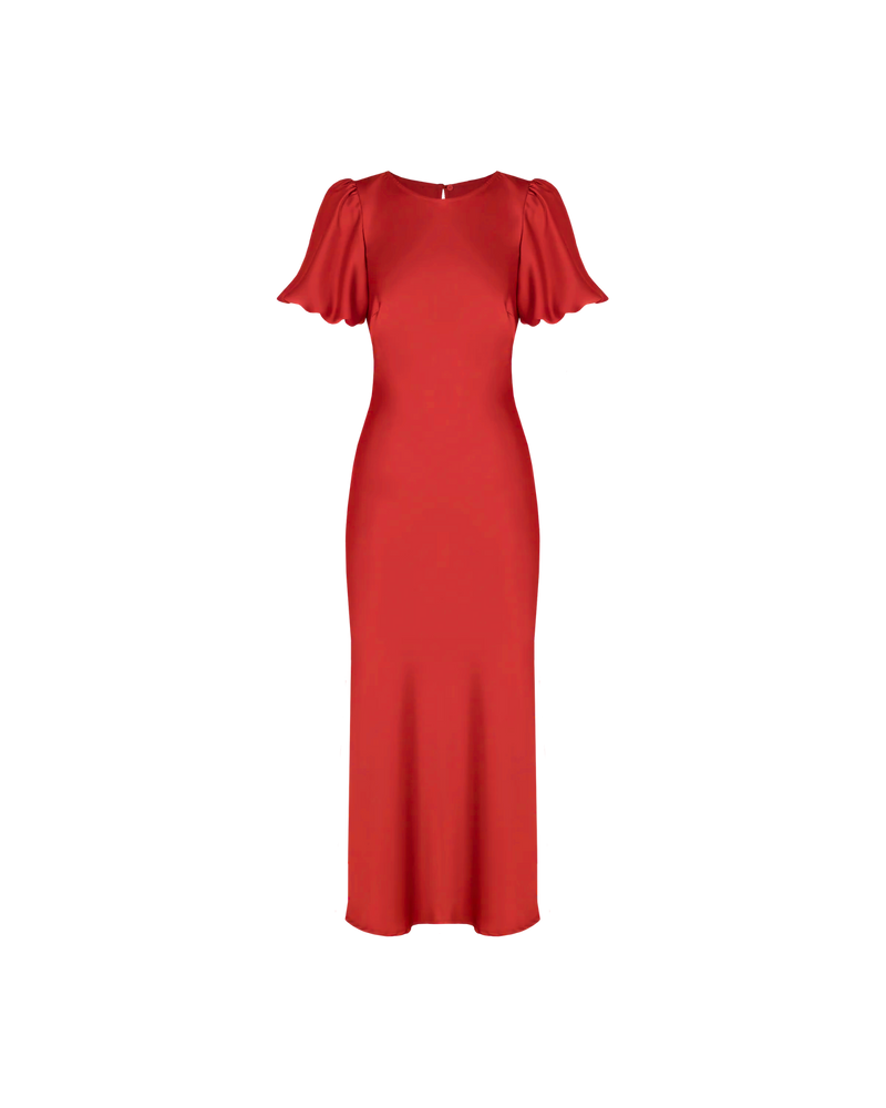 KENDALL SATIN DRESS CHILLI | Bias cut satin midi dress with puff sleeves and a keyhole button closure at the back neck. The bias silhouette of this dress gently contours the body, while the chilli...