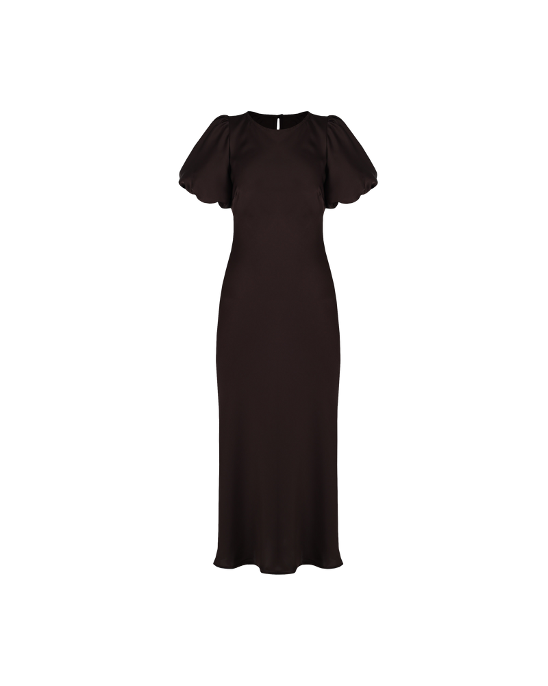 KENDALL SATIN  DRESS ESPRESSO | Bias cut satin midi dress with puff sleeves and a keyhole button closure at the back neck. The bias silhouette of this dress gently contours the body, while the espresso...