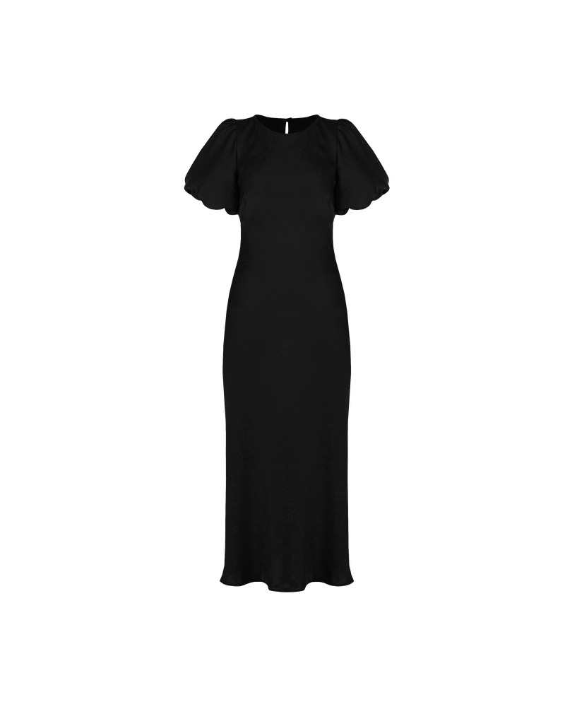 KENDALL SATIN DRESS BLACK | Bias cut satin midi dress with puff sleeves and a keyhole button closure at the back neck. The bias silhouette of this dress gently contours the body, while the satin...