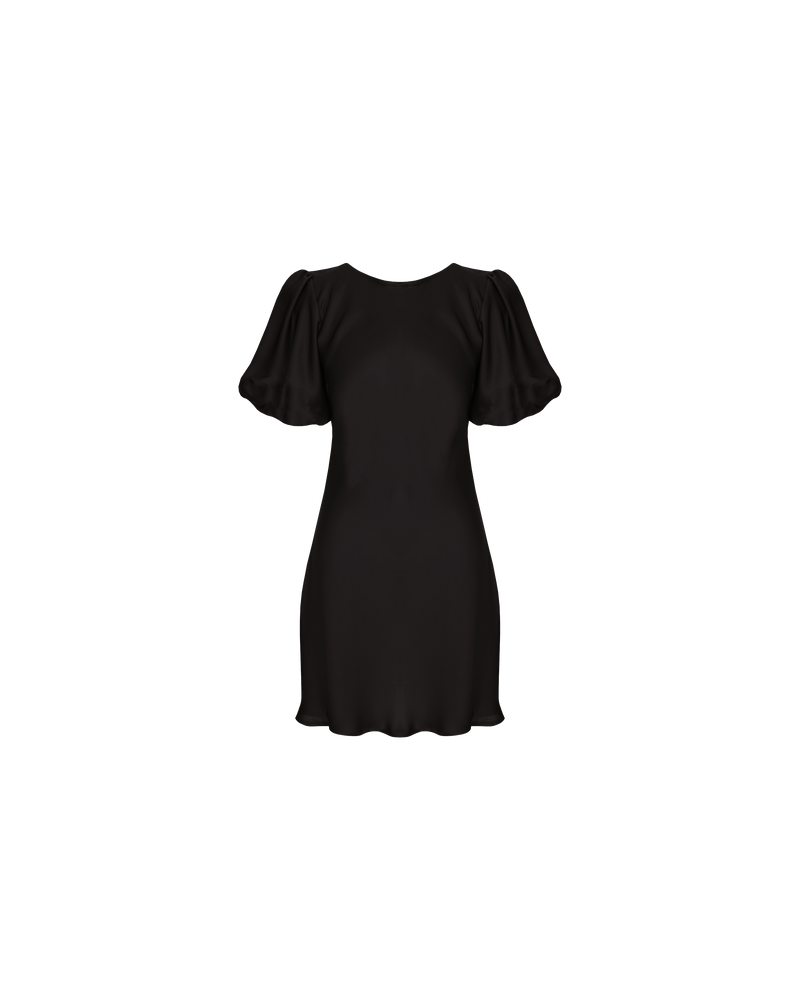 KENDALL SATIN MINI DRESS BLACK | Bias cut satin mini dress with puff sleeves and a keyhole button closure at the back neck. The bias silhouette of this dress gently contours the body.