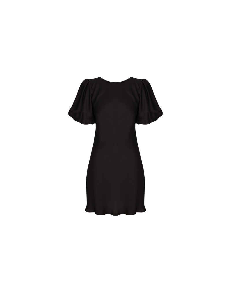 KENDALL SATIN MINI DRESS ESPRESSO | Bias cut satin mini dress with puff sleeves and a keyhole button closure at the back neck. The bias silhouette of this dress gently contours the body.