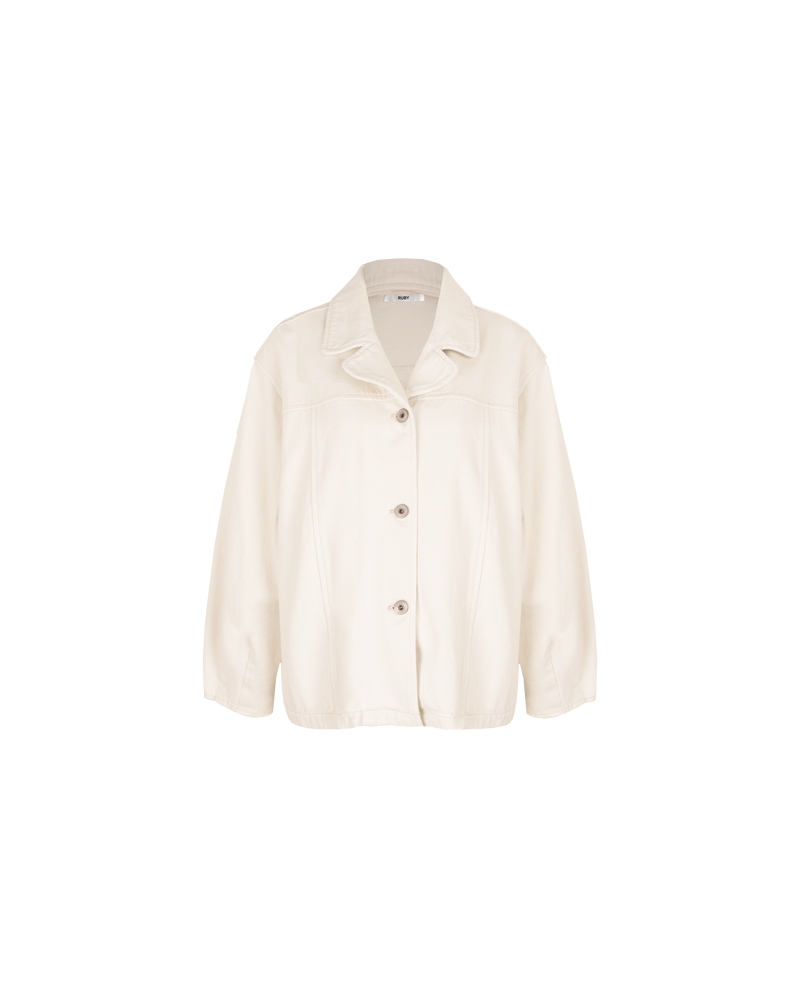 KURT DENIM JACKET CREAM | Denim jacket with a rounded collar and slightly cropped balloon sleeves. This jacket has paneling details throughout, and 2 side pockets to house all your essentials.