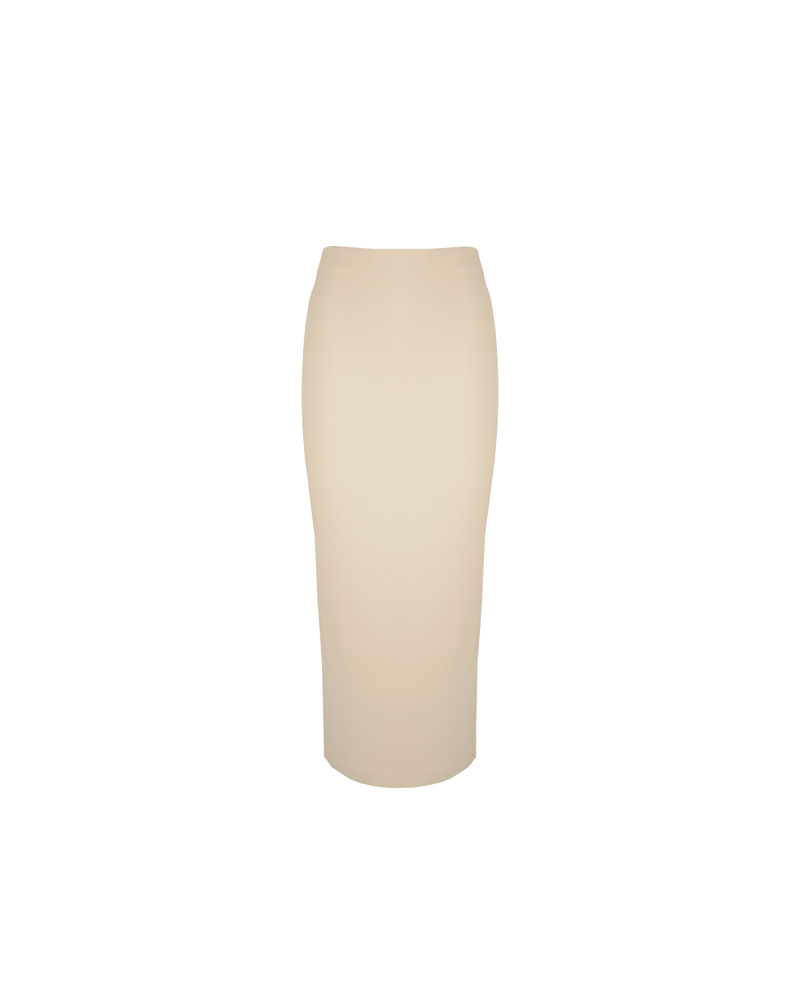 LOTTIE SKIRT CREAM | Stretch pencil skirt designed in a luxe viscose knit. Features a split for ease of movement and a ribbed waistband. This skirt pairs with the Lottie Cardigan.
