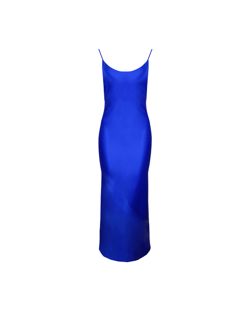 LOGAN SATIN SLIP SAPPHIRE | Bias cut maxi dress designed in a rich sapphire blue satin. This dress has a form-fitting shape with a scooped neckline and adjustable spaghetti straps.
