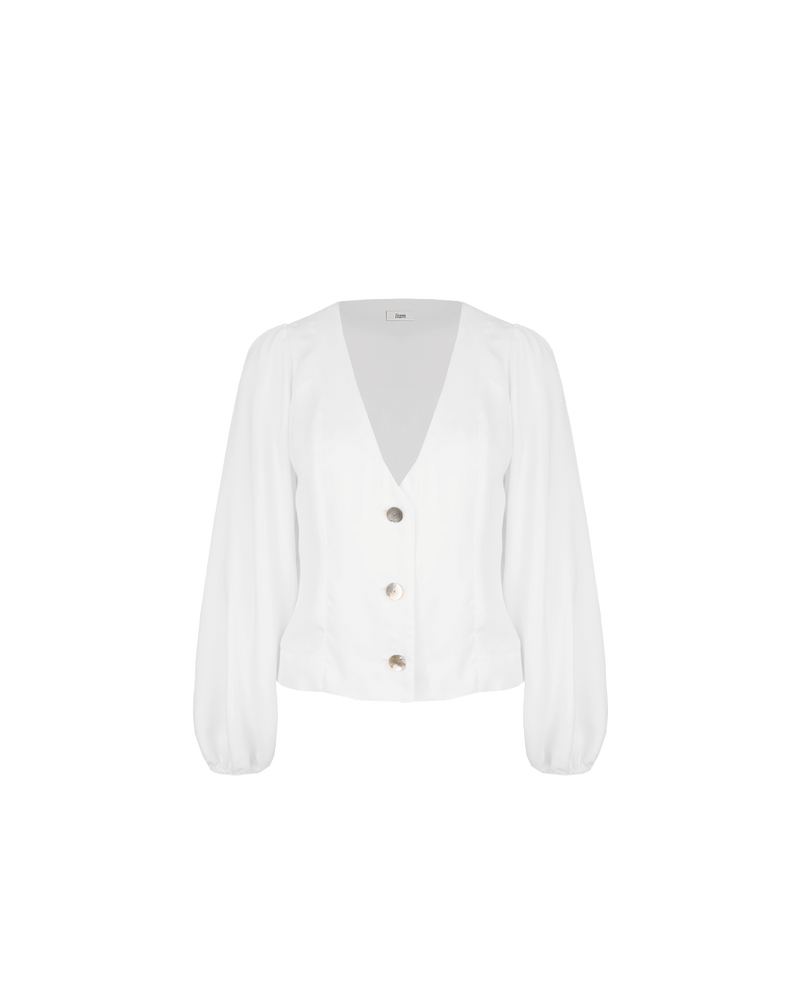 LOLA BLOUSE WHITE | V-neck blouse with balloon sleeves, designed in a soft magnolia cupro. This shirt has elasticated sleeve cuffs so you can wear the sleeves shorter if desired. You can pair this...