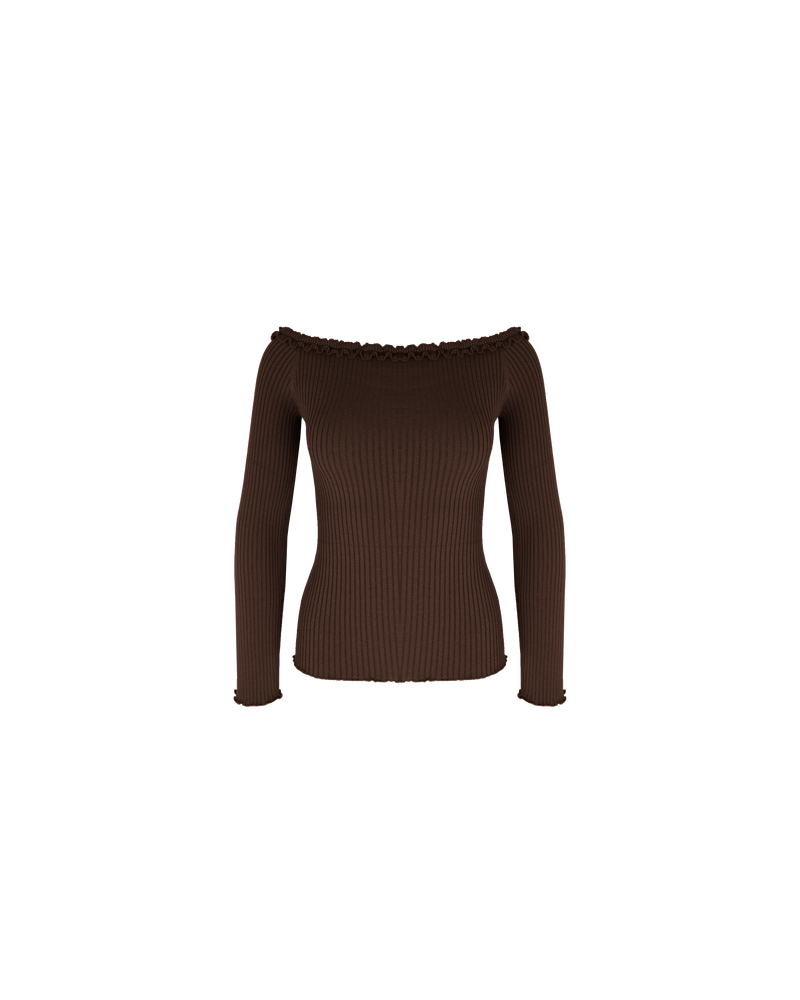 LOLLO LONG SLEEVE CHOCOLATE | This off-the-shoulder long sleeve top features a delicate ruffle along the neckline, complementing its ribbed texture throughout. Pairs perfectly with the Lollo Tank.