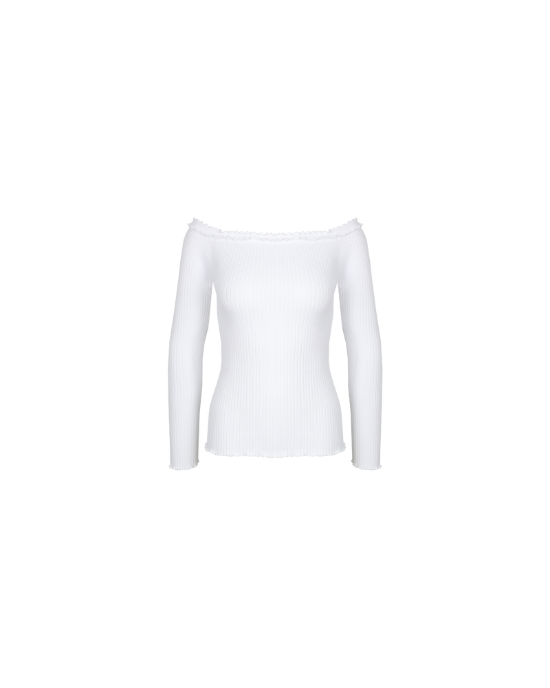 LOLLO LONG SLEEVE WHITE | This off-the-shoulder long sleeve top features a delicate ruffle along the neckline, complementing its ribbed texture throughout. Pairs perfectly with the Lollo Tank.