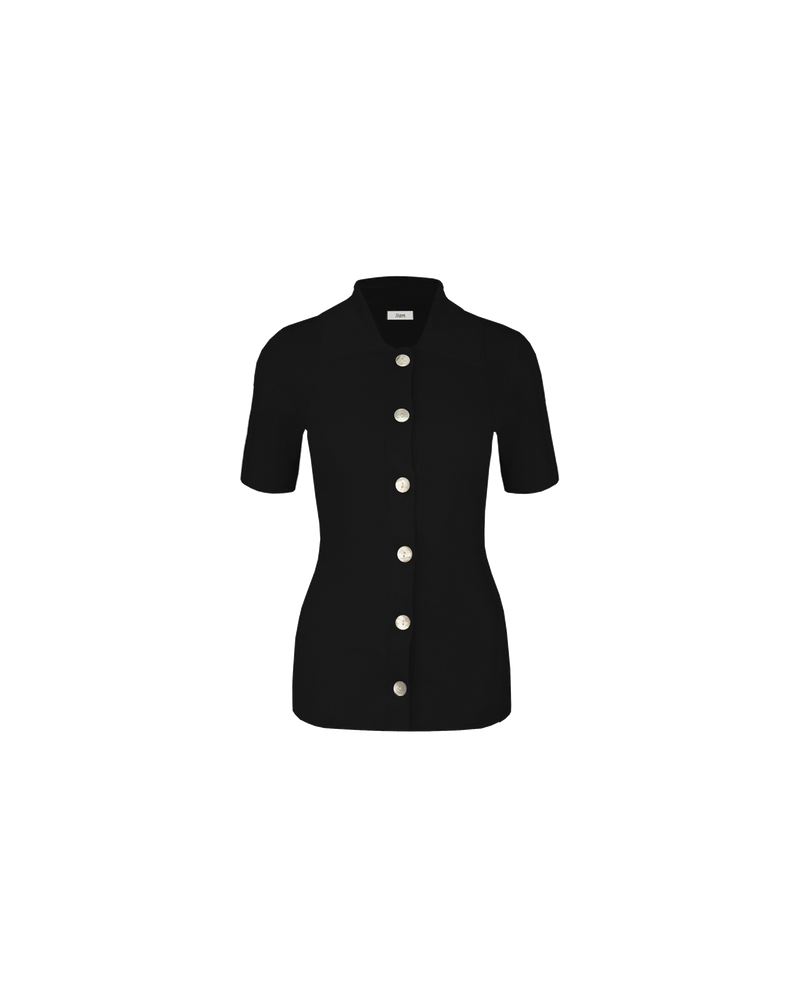 LOTTIE SHORT SLEEVE CARDIGAN BLACK | Collared short sleeve cardigan designed in a light-weight black knit. This piece features oversized shell buttons down the centre, that can be style buttoned-up or worn open as a layering...