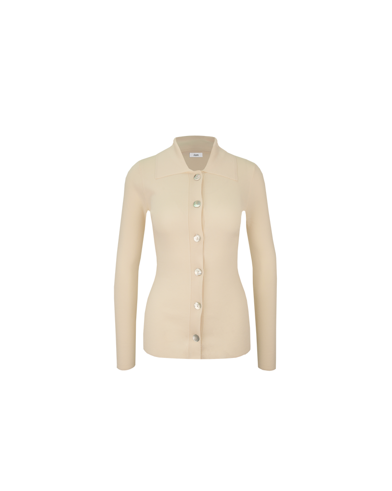 LOTTIE CARDIGAN CREAM | Collared cardigan designed in a light-weight cream knit. This piece features oversized shell buttons down the centre, that can be style buttoned-up or worn open as a layering piece.