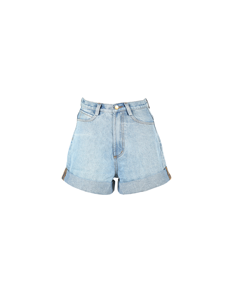 MAC DENIM SHORT VINTAGE BLUE | Highwaisted cuffed denim short, in a vintage inspired blue denim with light stretch. Finished with silver button detailing and contrast stitching, these shorts are a 70's daydream.