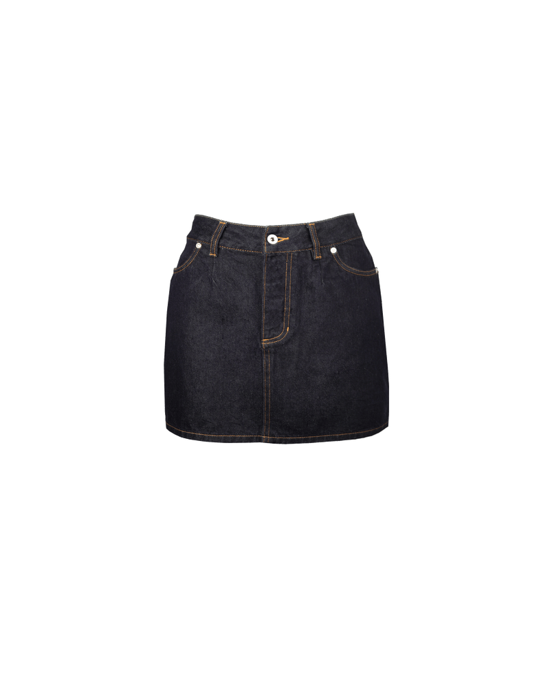 MADELEINE DENIM MINI SKIRT UNWASHED | Mid-rise mini skirt designed in a raw denim. Features a patched back pocket, 2 side pockets and a simple zip and button fly. Pairs as a set with the Madeleine...