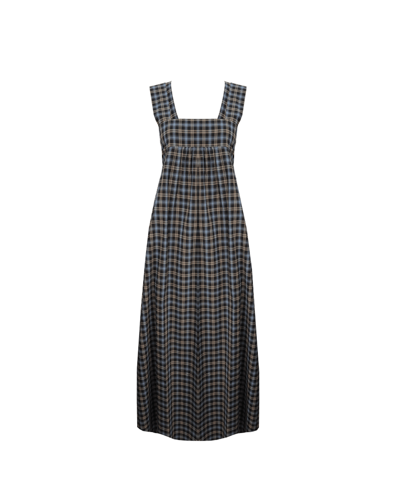 MARGIE TIE-BACK MAXI DRESS BLACK TARTAN | Cotton maxi dress with a square band bust. The skirt falls into a ruffled tier hem with an exposed back and bow tie closure.
