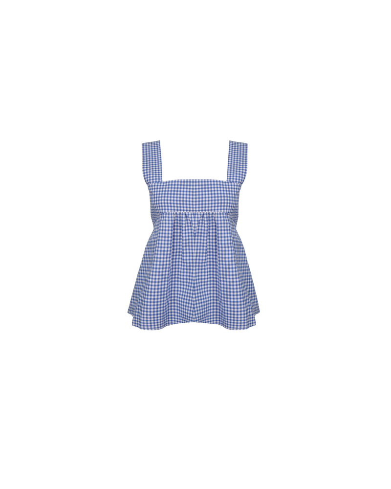 MARGIE TIE-BACK TOP COBALT GINGHAM | Cotton sleeveless top with a square band at the bust. Features a bow tie detail at the back and a cut-out, the cutest summer top worn with your favourite denim....