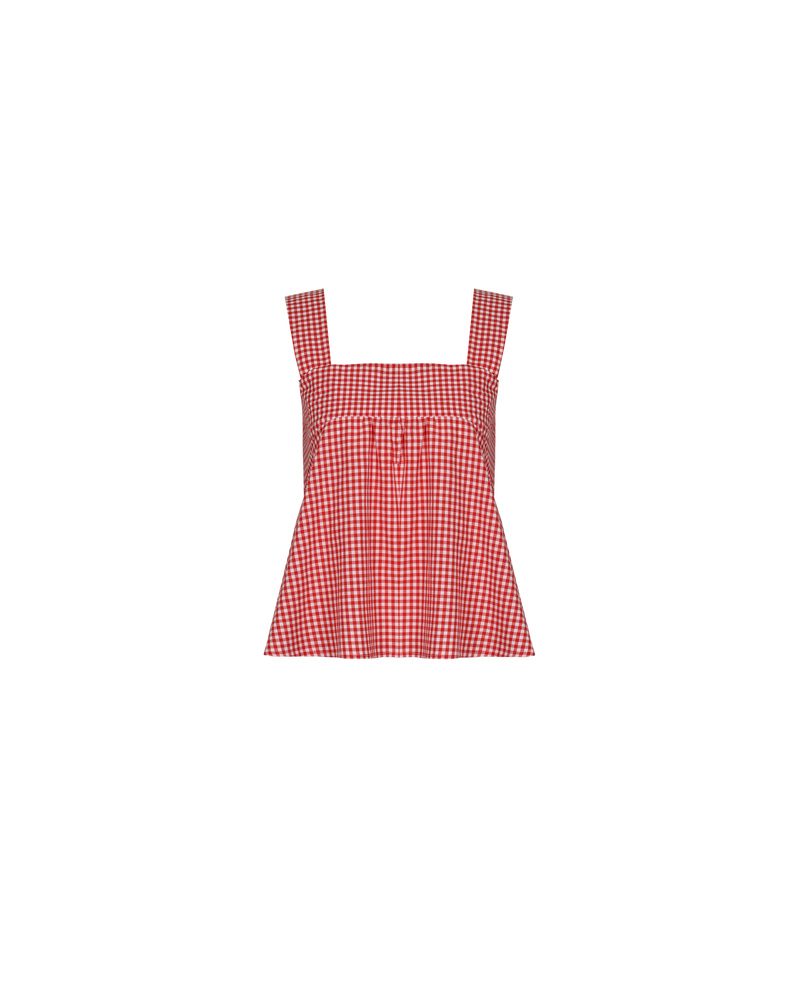 MARGIE TIE-BACK TOP RED GINGHAM | Cotton sleeveless top with a square band at the bust. Features a bow tie detail at the back and a cut out, the cutest summer top worn with your favourite...