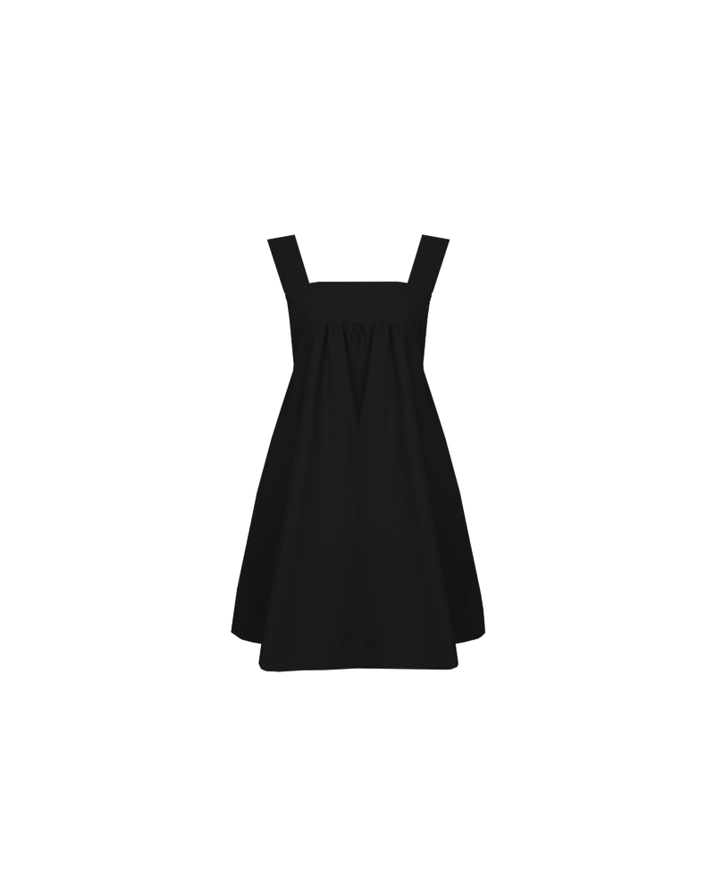 MARGIE TIE MINI DRESS BLACK | Cotton mini dress with a square band bust. The skirt falls into an A-line shape with an exposed back and bow tie closure.
