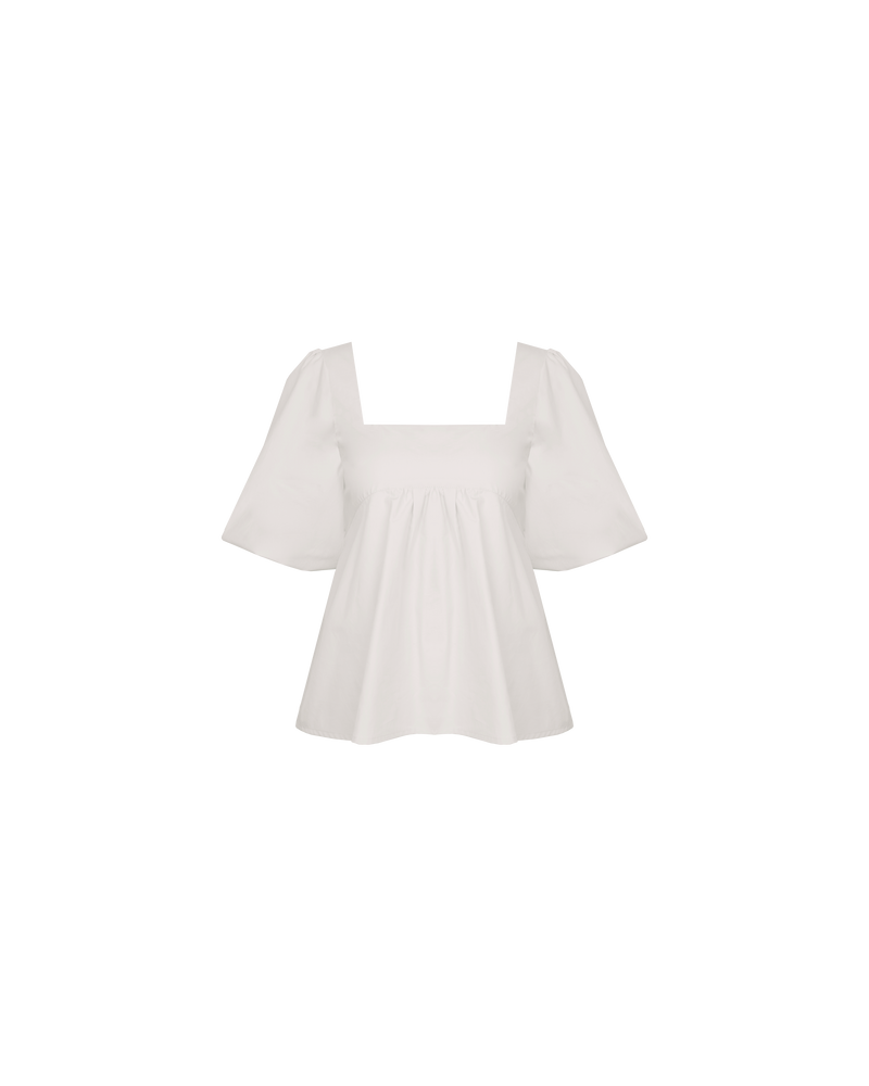 MARGIE TIE-BACK BLOUSE WHITE | Cotton puff sleeve top with a square band at the bust. Features a bow tie detail at the back and a cut-out, the cutest top worn with your favourite denim....