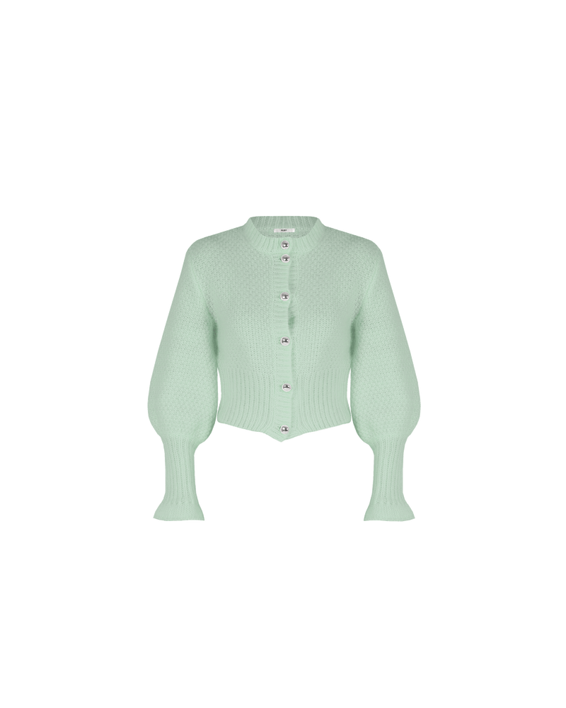 MATILDA CARDIGAN MINT | Button down cardigan with silver metallic dome buttons and a slightly puff shouldered silhouette. This cardigan features an exaggerated flute cuff crafted in a chunky alpaca and wool blend.
