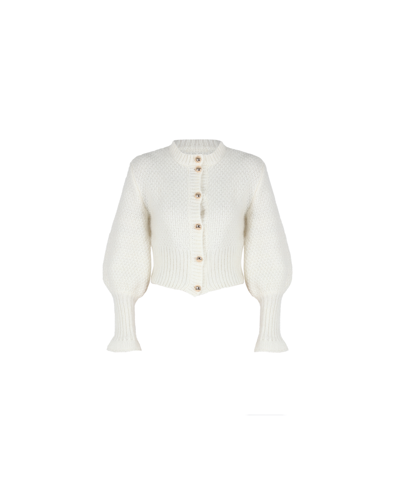 MATILDA CARDIGAN PEARL | Button down cardigan with gold metallic dome buttons and a slightly puff shouldered silhouette. This cardigan features an exaggerated flute cuff crafted in a chunky alpaca and wool blend.