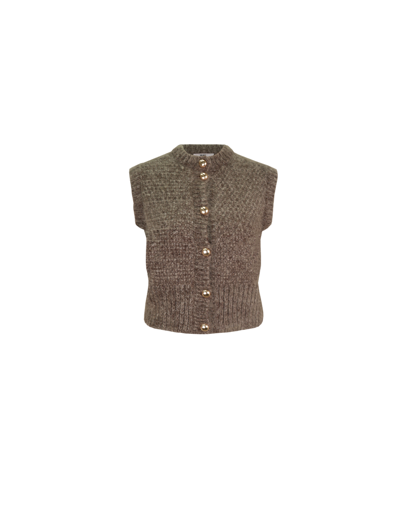 MATILDA VEST WALNUT | Button-down vest with gold metallic dome buttons and a slightly puff-shouldered silhouette. This vest is an update on our much loved Matilda Cardigan, in a chunky mohair and wool blend....