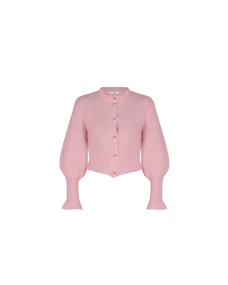 MATILDA CARDIGAN PINK | Button-down cardigan with gold metallic dome buttons and a slightly puff-shouldered silhouette. Features an exaggerated flute cuff crafted in a chunky mohair and wool blend.