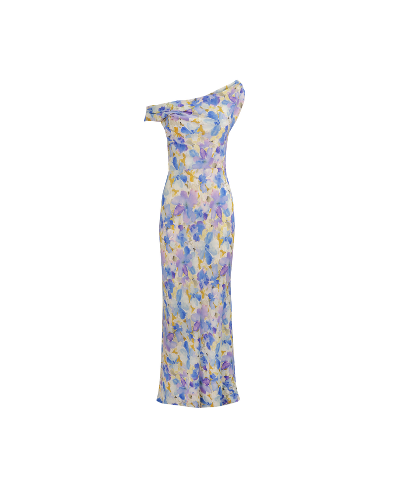 MELON MAXI DRESS BLUEBERRY FLORAL | Maxi slip dress with a cowl neckline, designed in our RUBY blueberry floral crepe. Wear this dress on the shoulder or as a one-shoulder silhouette.