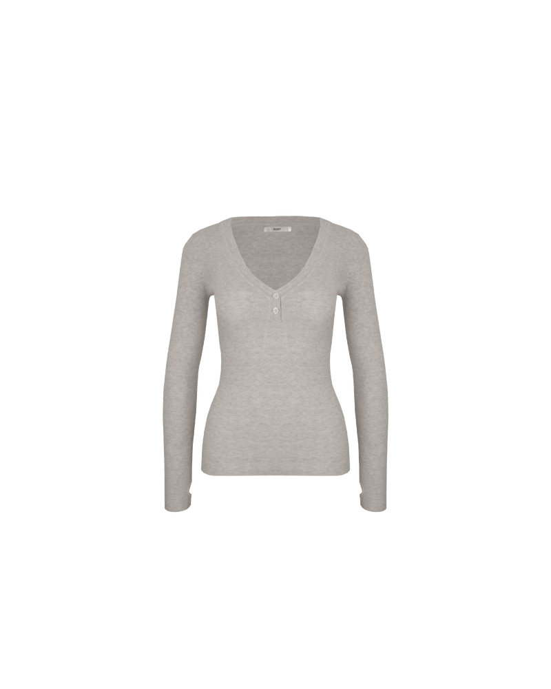 MILLA MERINO LONG SLEEVE GREY MARLE | Merino V-neck long sleeve in a classic grey marle colour. This top features dome snap buttons down the centre front and has a soft hand feel.
