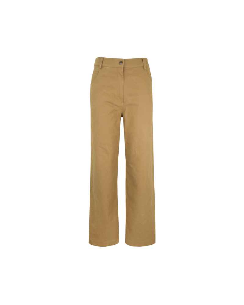 MONTY TROUSER CAMEL | Straight-leg pant designed in a camel coloured drill cotton. This trouser features a curved seam detail at the back, belt loops and zip fly with button closure.