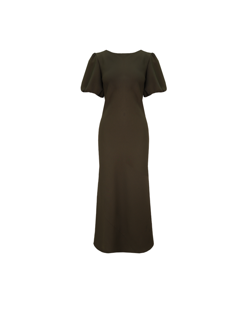 NINETTE DRESS KHAKI | An update on our much-loved Rubette favourite Kendall Dress, this is a bias-cut dress with a subtle puff sleeve and cut-out back. Cut from a soft khaki viscose, this piece...