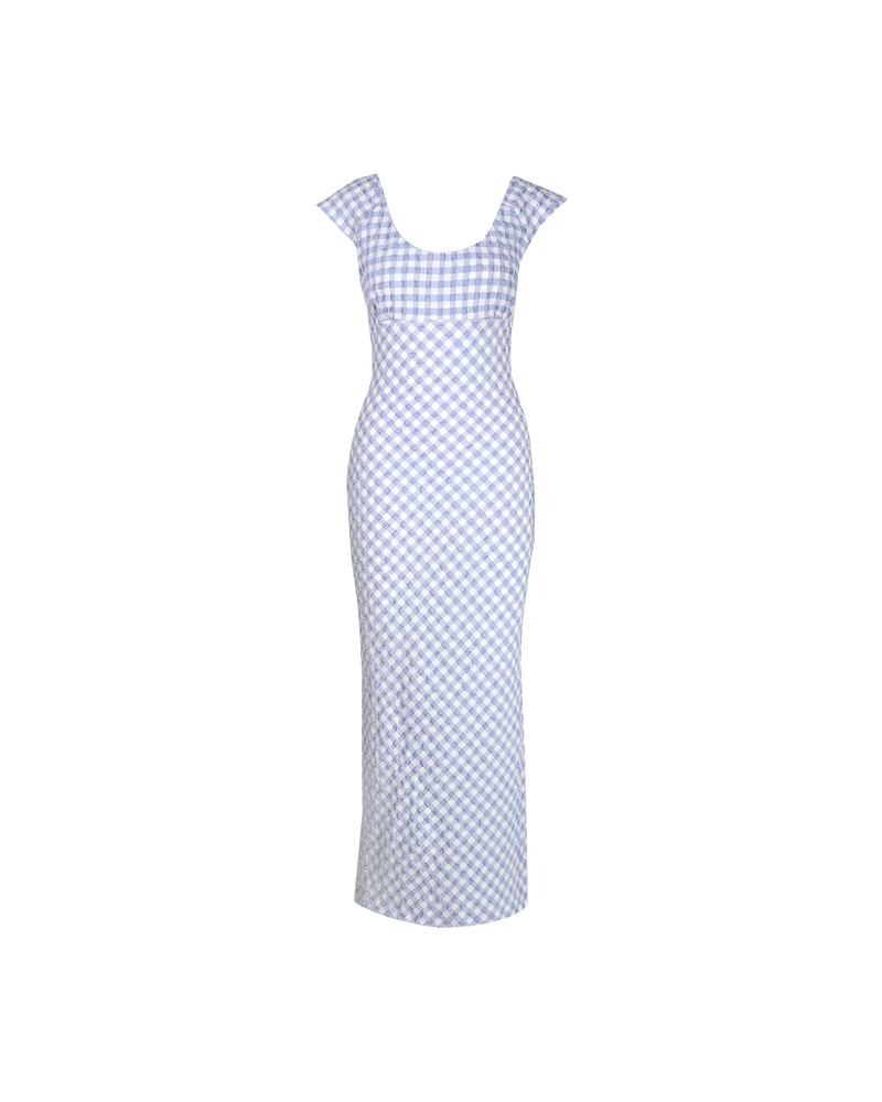 PRISM MIDI DRESS PERIWINKLE GINGHAM | Cap sleeve gingham midi dress with bust detailing and a scoop back. It’s all in the details with this piece, with the gingham featuring a gathered seersucker texture and the...