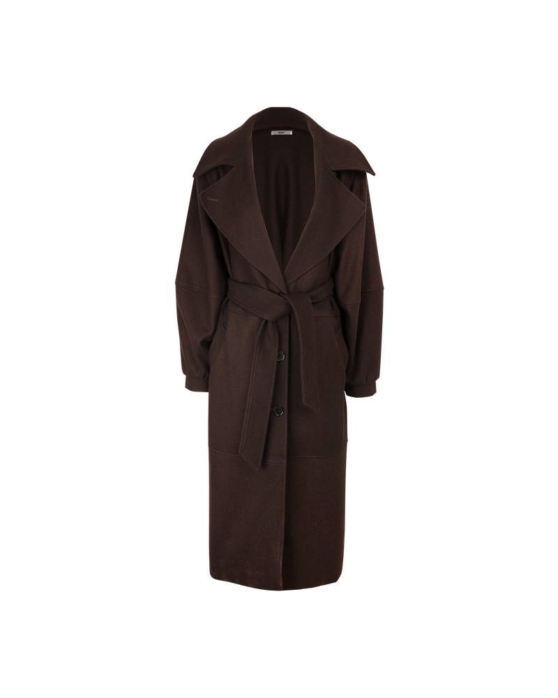 RAE COAT JAVA | Double-breasted coat with a relaxed silhouette, balloon sleeves and, a button-up front with a waist tie. Crafted in a plush wool blend felt, wearing this piece feels like being wrapped...