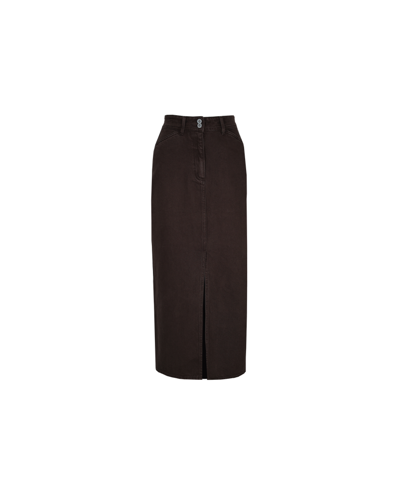 RAFFIA  DENIM SKIRT JAVA | Straight fit midi skirt cut from a mid-weight denim in a washed java colour. A timeless staple that features a front split for movement and pockets to house your essentials.