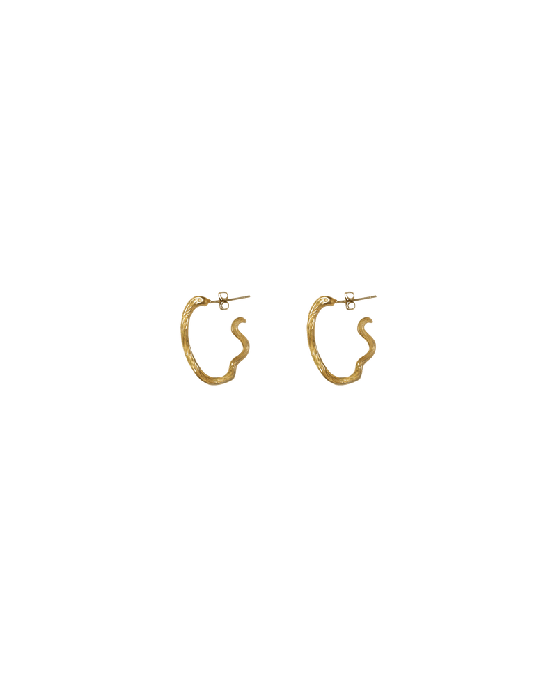 RAIN HOOP GOLD | Gold drop hoops designed in a textured look. Light enough to wear all-day long.