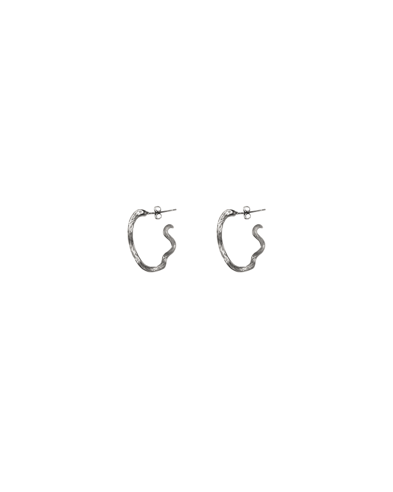 RAIN HOOP SILVER | Silver drop hoops designed in a textured look. Light enough to wear all-day long.