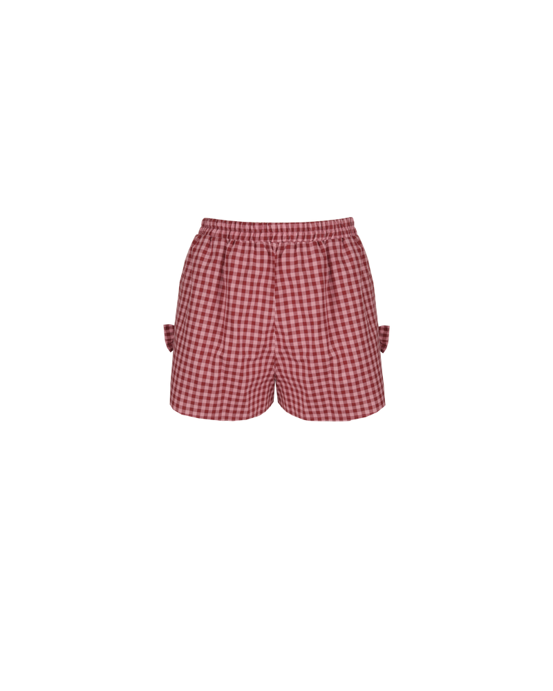 RAQUEL BOW SHORT PINK BURGUNDY GINGHAM | Mid-waist cotton shorts designed in a pink and burgundy gingham. These shorts feature a bow detail at each side seam. Make it a set by pairing these shorts with the...