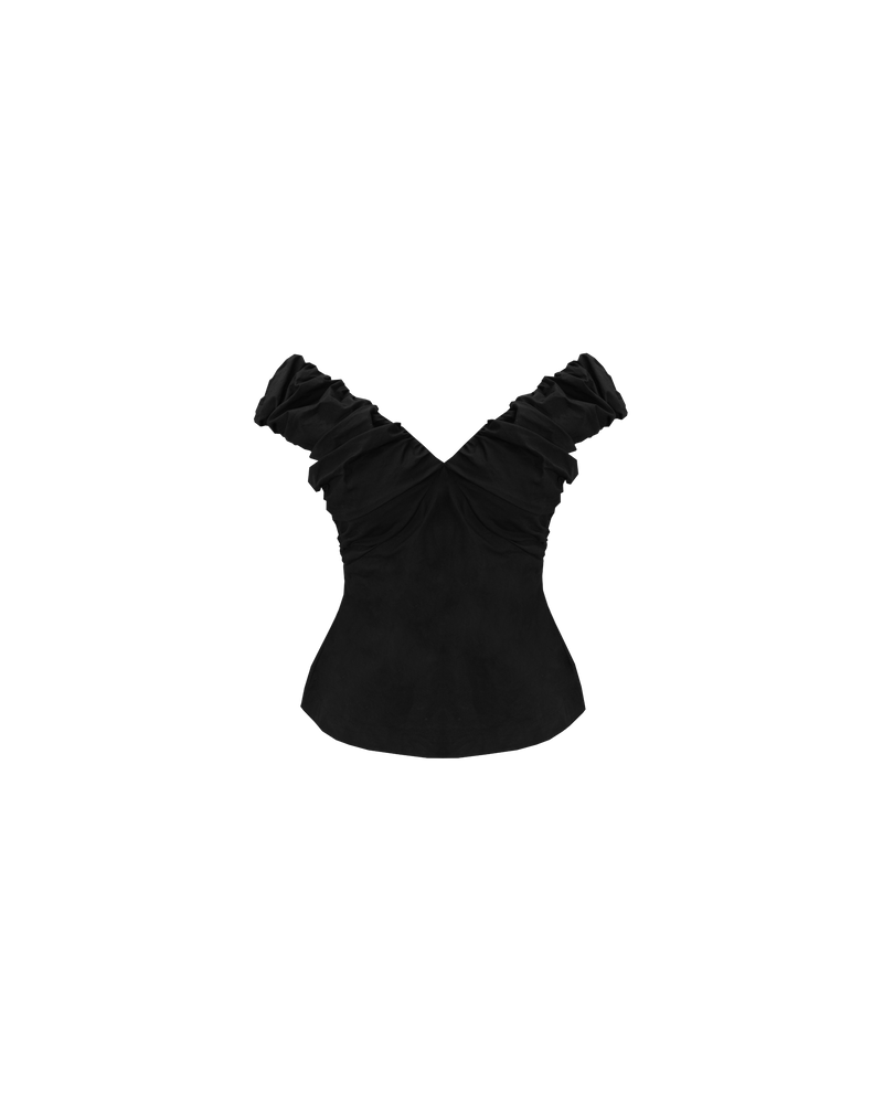 RAQUEL TOP BLACK | Crafted in a crisp cotton with ruched detailing at the bust, this top can be worn on or off the shoulder. The tailored fit is designed to sit close to...