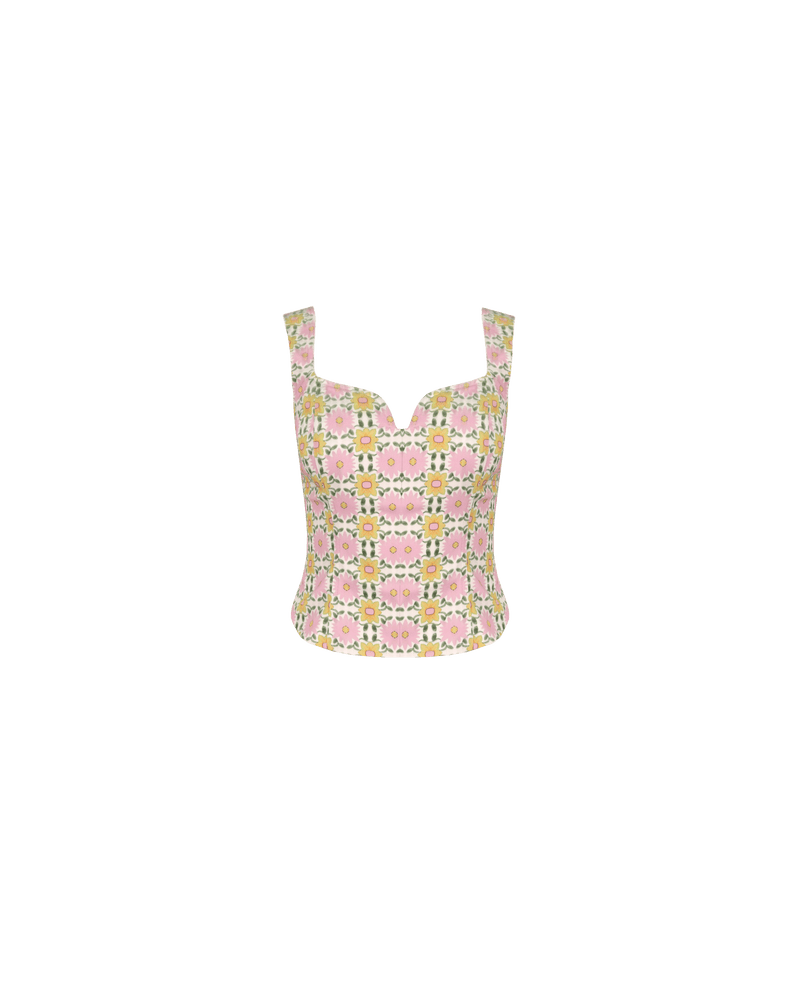 CECE BODICE MOSAIC | Sleeveless bodice-style top designed in a pink mosaic print, on a mid-weight cotton drill fabric. Features a sweetheart neckline and panelling down the body that gives this top a crisp...