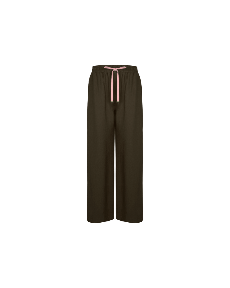 CORVETTE TROUSER DARK BROWN PINK | A new take on the an all-time RUBY favourite. The Corvette Trouser is now available in a two-tone version. Sporty, high-waisted pant with a wide-leg silhouette. The stripe on the...