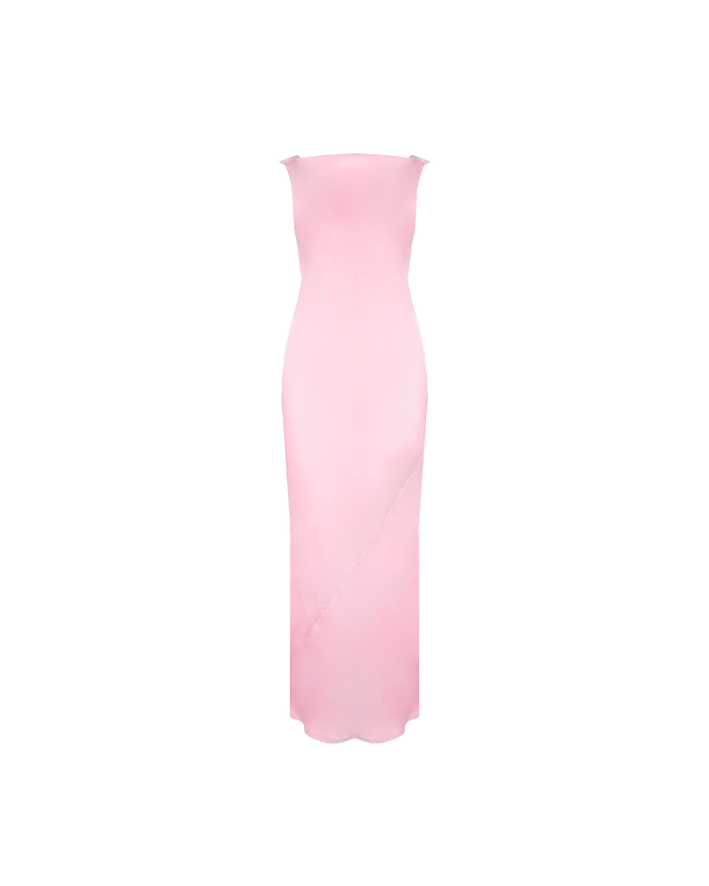 FIREBIRD COWL GOWN FESTIVAL BLOOM | Sleeveless midi dress crafted in luxe 'festival bloom' pink satin. Features a minimal silhouette with a cowl back detail and a tie to cinch in the waist.
