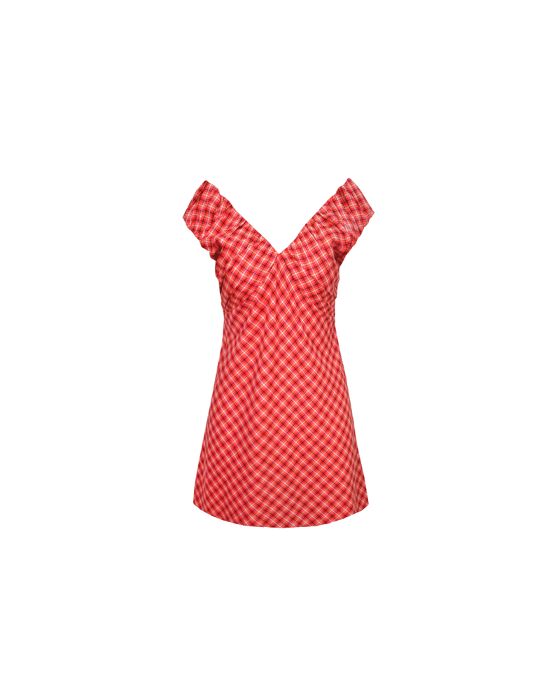 RAQUEL MINI DRESS RED TARTAN | Cotton mini dress is crafted in a red tartan fabric, with ruched bust detailing. Wear it on or off the shoulder for a effortless summer look.
