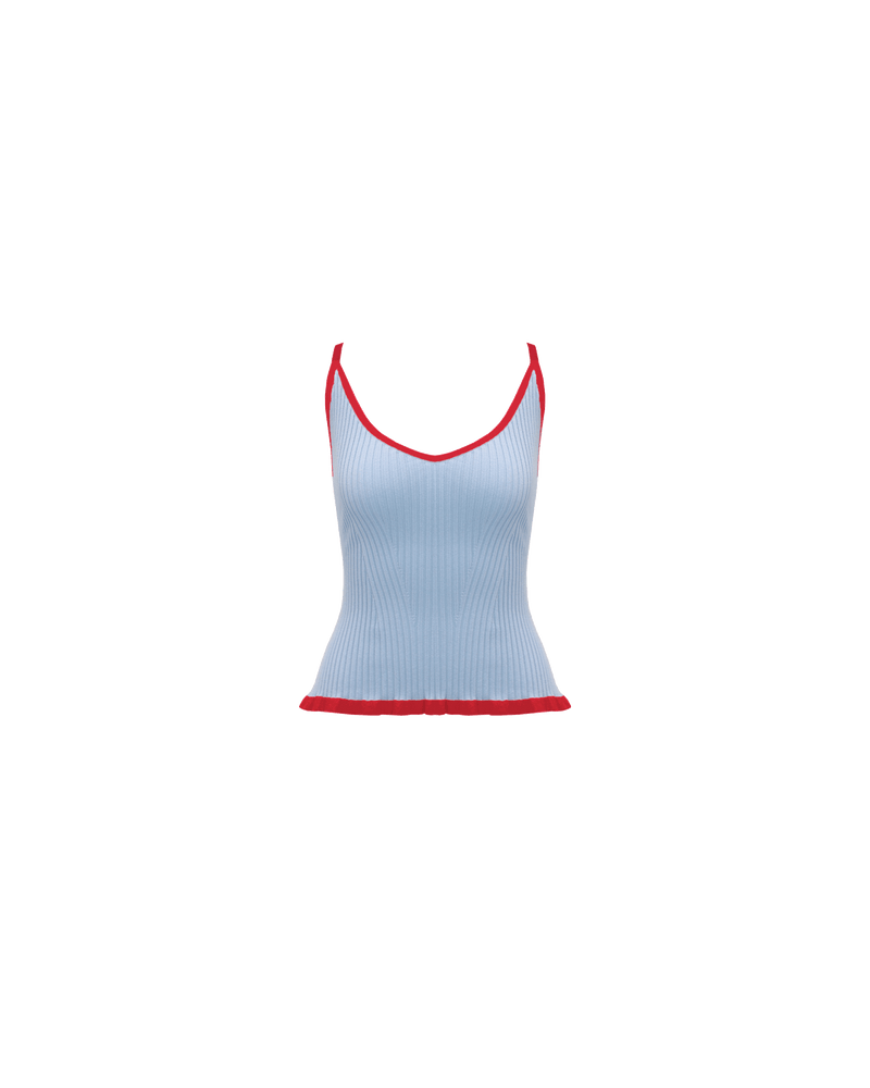 RINA TANK BLUE CHERRY | Ribbed knitted tank top designed in a contrasting blue and cherry colour way. This staple tank can be worn many ways by adjusting the straps, giving you 4 options in...