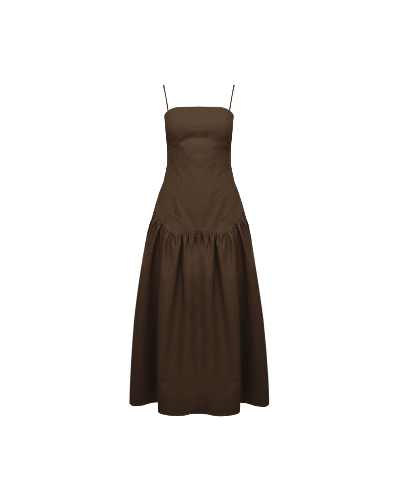 TRULLI MAXI DRESS JAVA | Cotton maxi dress that is fitted through the body, then falls to a floaty basque style mini skirt. This dress features a dropped bodice-style waistline with a full skirt, and...